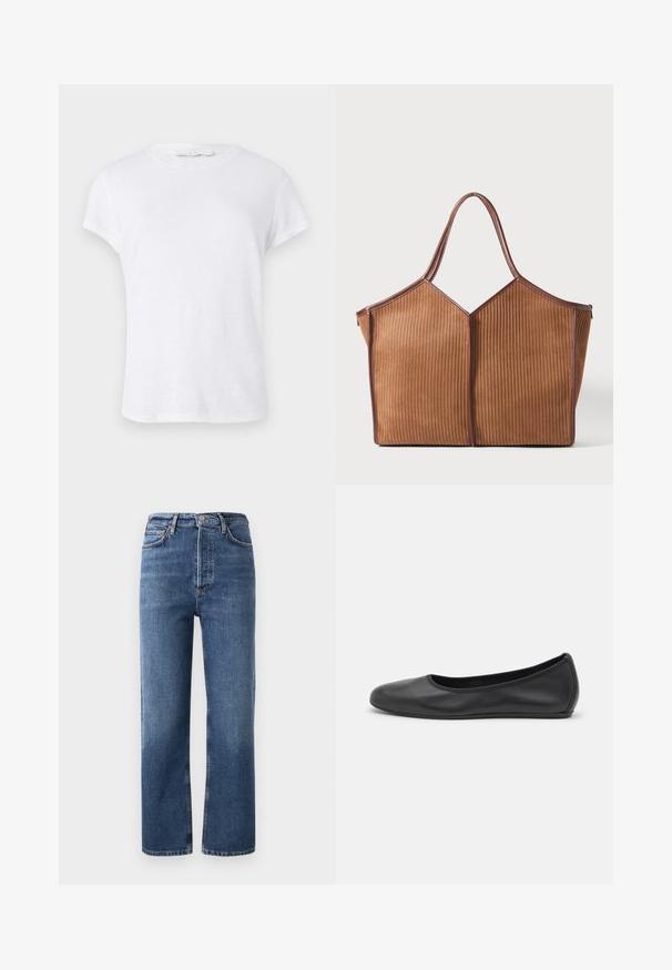 Hvid kortærmet t-shirt med rund halsudskæring, lavet af letvægtsstof, med et simpelt og rent design uden udsmykninger.; Høj talje denim jeans i blå, med lige ben, fem lommer og hardware i kobberfarve. Glat tekstur og klassisk design.; Sort læderballetsko med rund tå, glat tekstur, minimal syning og et fleksibelt såldesign.; Brun læderindlagt tote-bag med vertikal ribbet tekstur og to håndtag, der står oprejst mod en ensfarvet hvid baggrund.