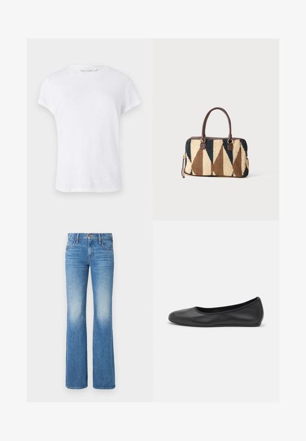 Witte t-shirt met korte mouwen en een ronde hals, gemaakt van lichte stof, met een eenvoudig, strak ontwerp zonder versieringen.; Lichtblauwe flared jeans van denim, met een vervaagd ontwerp, vijf zakken en een knoop- en ritssluiting aan de voorkant.; Zwarte leren ballerina met een ronde neus, gladde textuur, minimale stikdetails en een flexibele zoolontwerp.; Rechthoekige handtas met bruine leren handvatten, beige, donkerbruine en zwarte geometrische breipatroon, en een ritsluiting op een witte achtergrond.