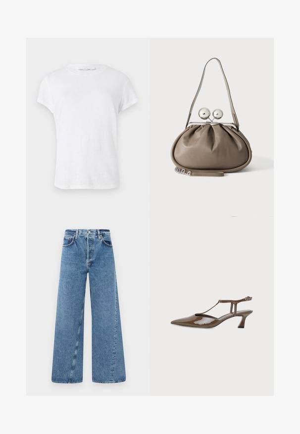 T-shirt blanc à manches courtes avec un col rond, fabriqué dans un tissu léger, présentant un design simple et épuré sans embellissements.; Jean en denim bleu à jambe large avec taille haute, fermeture à bouton et poches avant. Le tissu a une texture subtile et une finition décolorée.; Chaussure slingback en cuir verni marron, bout pointu, petit talon kitten, fine bride en T et fermeture à boucle à la cheville.; Sac à main en cuir gris de forme arrondie, fermeture supérieure avec deux grandes sphères argentées, et une seule anse.