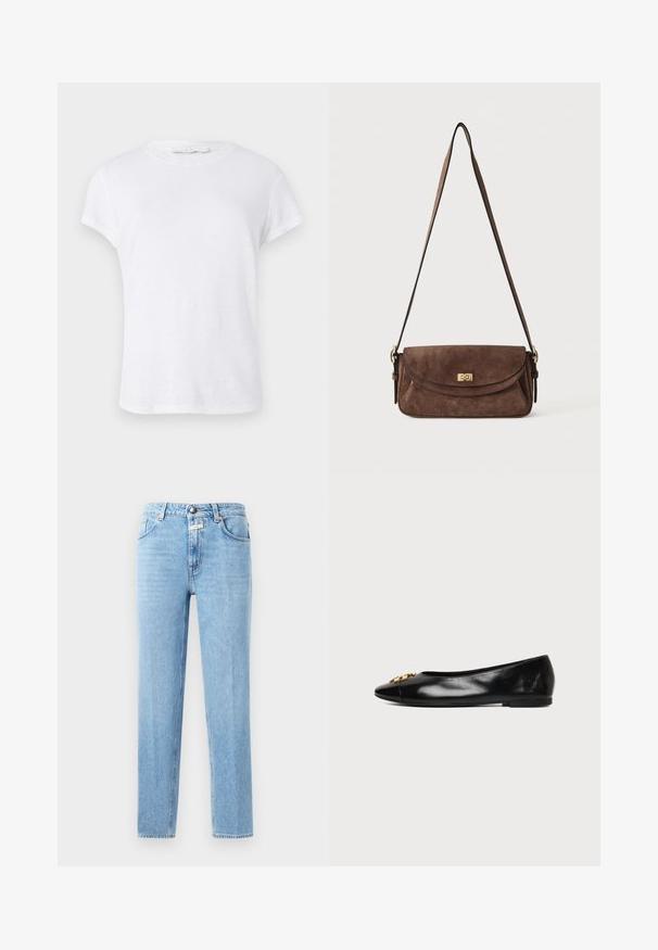 T-shirt blanc à manches courtes avec un col rond, fabriqué dans un tissu léger, présentant un design simple et épuré sans embellissements.; Jean en denim bleu clair avec une coupe droite, un design à cinq poches et un système de fermeture à bouton en métal. Tissu texturé avec un léger délavage.; Chaussure plate en cuir noir avec un bout pointu et un emblème décoratif doré sur fond blanc uni.; Sac bandoulière en daim marron avec une longue sangle réglable et une fermeture à tour dorée sur le rabat avant.