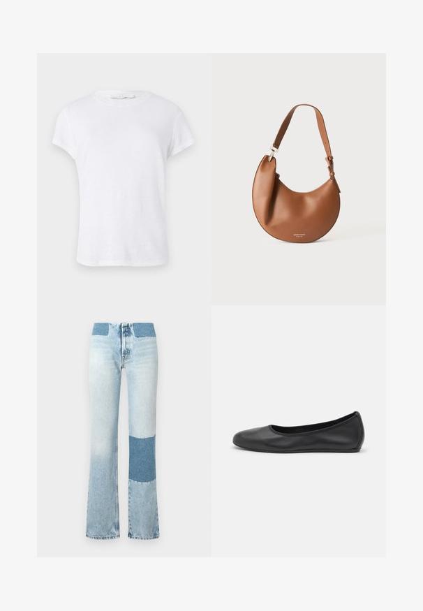 Witte t-shirt met korte mouwen en een ronde hals, gemaakt van lichte stof, met een eenvoudig, strak ontwerp zonder versieringen.; Lichtblauwe denim flared jeans met een contrasterende donkerblauwe patch op elk been. Heeft een hoge taille en gestikte details langs de naden.; Zwarte leren ballerina met een ronde neus, gladde textuur, minimale stikdetails en een flexibele zoolontwerp.; Bruine leren schoudertas in halvemaanvorm met verstelbare riem en kleine zilveren logotekst onderaan in het midden.