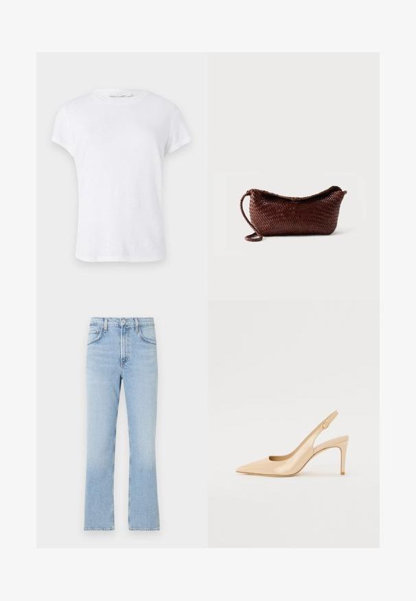 T-shirt blanc à manches courtes avec un col rond, fabriqué dans un tissu léger, présentant un design simple et épuré sans embellissements.; Jean en denim bleu clair avec une coupe droite, taille haute et décoloration subtile. Il présente un style classique à cinq poches et une fermeture éclair.; Escarpin slingback en cuir verni nude avec un bout pointu, un décolleté ouvert et un talon aiguille fin. Comprend un accent doré circulaire sur la sangle.; Sac à main en cuir tressé marron avec une bandoulière unique et un dessus incurvé sur fond blanc uni.