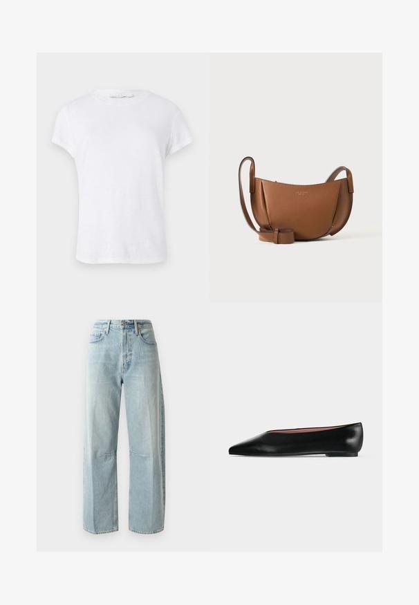 Hvid kortærmet t-shirt med rund halsudskæring, lavet af letvægtsstof, med et simpelt og rent design uden udsmykninger.; Lyseblå vide jeans lavet af denim. Har en høj talje, to forlommer og en lige benlængde med let fading i stoffet.; Sort damesko i læder med flad hæl og spids tå, vist fra siden på en ensfarvet lys grå baggrund.; Brun læder crossbody-taske med buet form, justerbar rem og minimal guldpræget brandlogo foran mod en ensfarvet baggrund.