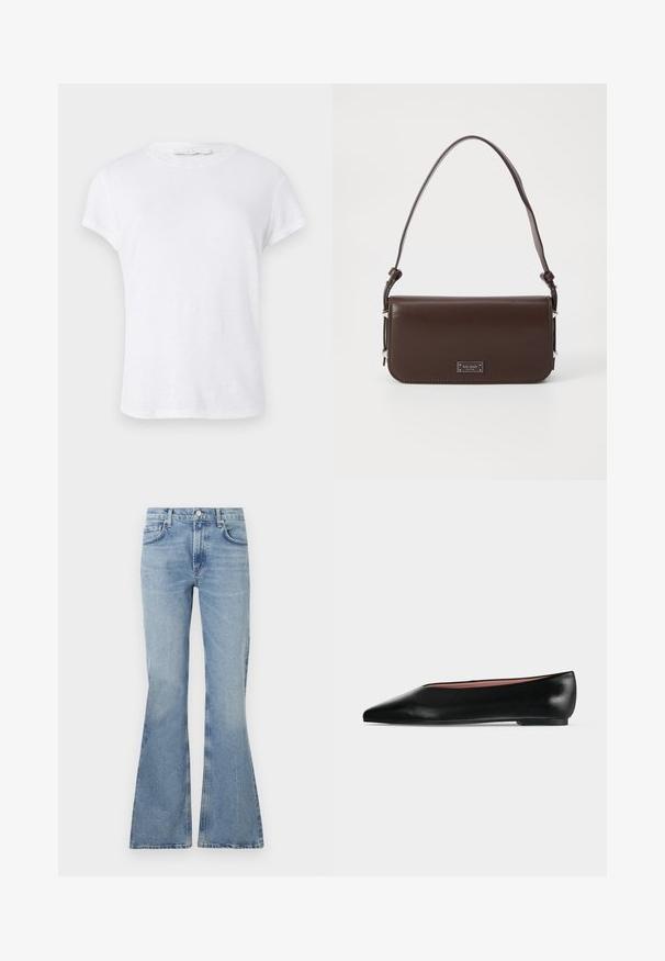 T-shirt blanc à manches courtes avec un col rond, fabriqué dans un tissu léger, présentant un design simple et épuré sans embellissements.; Jean flare bleu clair en denim, avec taille haute, design à cinq poches et décoloration subtile sur l'ensemble du tissu.; Chaussure plate en cuir noir pour femme, avec bout pointu et petit talon, vue de côté sur un fond gris clair uni.; Sac à main en cuir marron avec un design plat, bandoulière réglable et quincaillerie en ton argent. Présente une plaque de logo à l'avant.