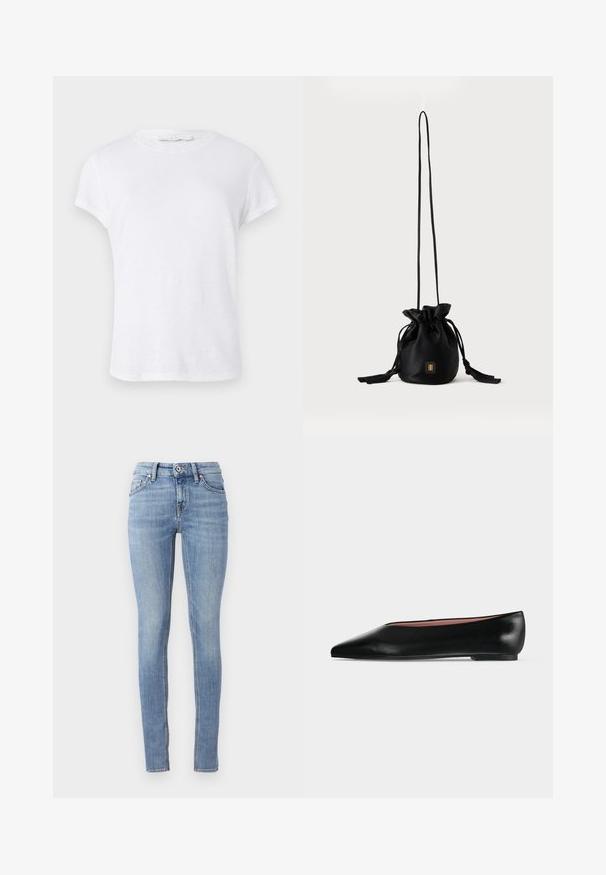 Weißes T-Shirt mit kurzen Ärmeln und rundem Halsausschnitt, aus leichtem Stoff gefertigt, mit einem einfachen, schlichten Design ohne Verzierungen.; Hellblaue Skinny-Jeans aus Denim, mit einem normalen Bund, fünf Taschen und Kontrastnähten entlang der Nähte.; Schwarzer flacher Damenleder-Schuh mit spitzer Kappe und niedrigem Absatz, von der Seite auf einfarbigem hellgrauem Hintergrund gezeigt.; Schwarze Bucket Bag mit Kordelzug, langem dünnem Riemen und kleinem goldenem quadratischem Logo vorne, vor einfachem Hintergrund präsentiert.