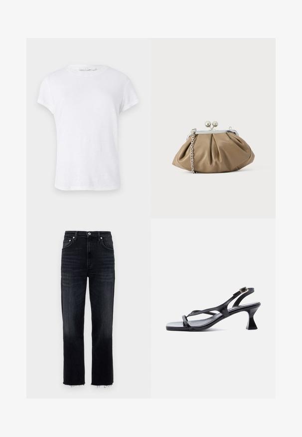 Weißes T-Shirt mit kurzen Ärmeln und rundem Halsausschnitt, aus leichtem Stoff gefertigt, mit einem einfachen, schlichten Design ohne Verzierungen.; Hochgeschnittene, gerade Jeans aus dunkel gewaschenem Denim mit fransigem Saum und klassischem Fünf-Taschen-Design mit silbernen Hardware-Elementen.; Schwarze Ledersandale für Damen mit dünnen Riemen, quadratischer Spitze, verstellbarer Schnalle am Knöchel und ausgestelltem, mittelhohem Absatz.; Lederclutch in sanftem Beige mit abgerundeter Form, plissierter Textur, silbernem Kissenschloss und abnehmbarem Kettenriemen.