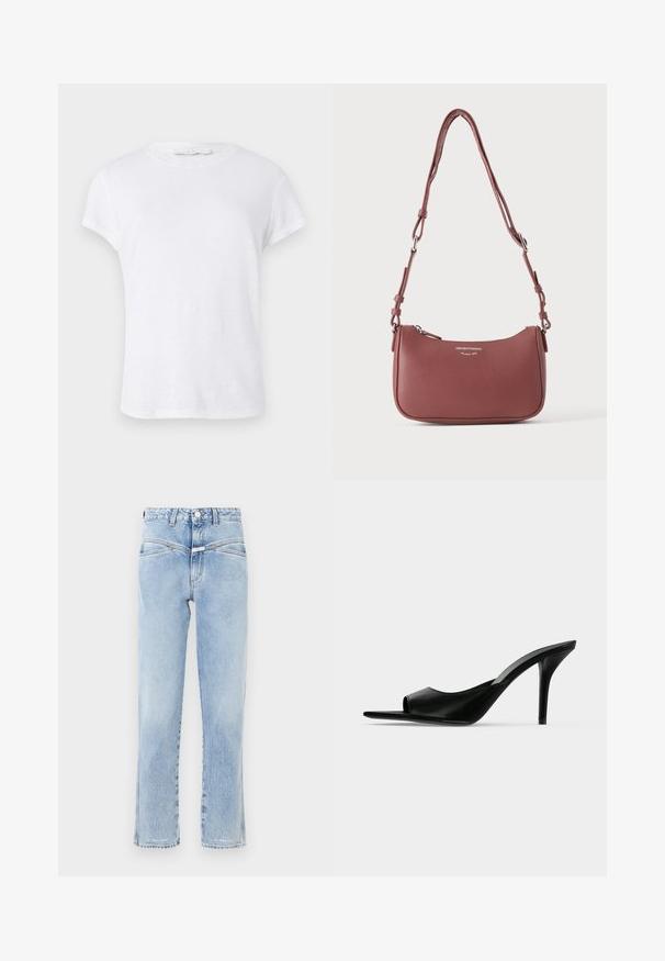 Weißes T-Shirt mit kurzen Ärmeln und rundem Halsausschnitt, aus leichtem Stoff gefertigt, mit einem einfachen, schlichten Design ohne Verzierungen.; Hellblaue Denim-Jeans mit hoher Taille und geradem Schnitt. Verfügt über dezente Ausbleichungen, klassisches Fünf-Taschen-Design und einen Metallknopfverschluss.; Schwarzer Leder-Pantolette mit offenem Zehenbereich und hohem, schlankem Stiletto-Absatz, im Seitenprofil vor neutralem Hintergrund gezeigt.; Kleine strukturierte mauvefarbene Lederschultertasche mit verstellbarem Riemen und silbernem Reißverschluss, vorne mit Emporio Armani Milano 1981 Logo.