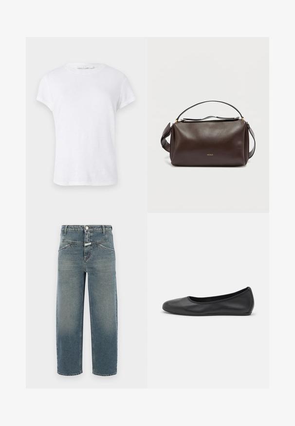 Hvid kortærmet t-shirt med rund halsudskæring, lavet af letvægtsstof, med et simpelt og rent design uden udsmykninger.; CLOSED STOVER X - Jeans Tapered Fit - mid blue; Sort læderballetsko med rund tå, glat tekstur, minimal syning og et fleksibelt såldesign.; Brun skuldertaske i læder med et struktureret design, der har et gyldent logo, en lynlåslukning øverst og en aftagelig rem. Glat tekstur.