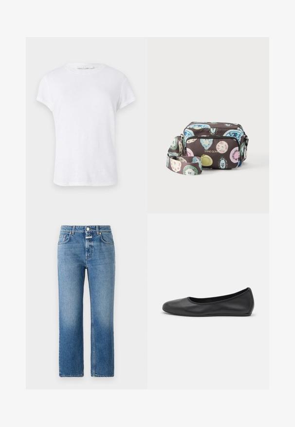 Witte t-shirt met korte mouwen en een ronde hals, gemaakt van lichte stof, met een eenvoudig, strak ontwerp zonder versieringen.; CLOSED MILO - Straight leg jeans - mid blue; Zwarte leren ballerina met een ronde neus, gladde textuur, minimale stikdetails en een flexibele zoolontwerp.; Crossbodytas met kleurrijke ovale patronen op een donkere achtergrond, voorvak met ritssluiting en verstelbare band, gebrandmerkt met "STINE GOYA" in gouden letters.