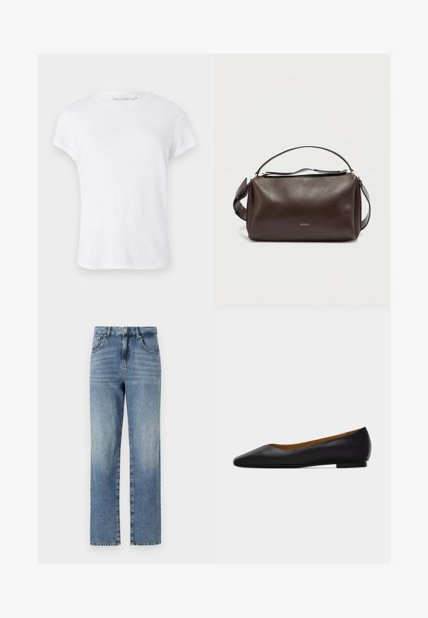 Hvid kortærmet t-shirt med rund halsudskæring, lavet af letvægtsstof, med et simpelt og rent design uden udsmykninger.; Lyst blå denim jeans med et lige ben design, der har fem lommer, knap- og lynlåslukning samt minimal falming på stoffet.; Sort læder flad sko med spids tå, lav hæl og glat finish, vist fra siden på en lysegrå baggrund.; Brun skuldertaske i læder med et struktureret design, der har et gyldent logo, en lynlåslukning øverst og en aftagelig rem. Glat tekstur.