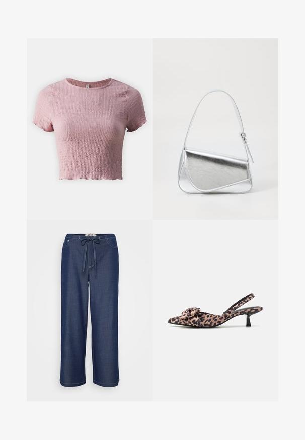 ONLY Petite ONLNADIE - T-shirts basic - bleached mauve; Mørkeblå vide bukser med snor i livet, for- og baglommer samt synlige hvide sømme.; Spidse slingback hæle i leopardprintet stof med en bue-accent, der har en lav sort hæl og glat tekstur.; Sølvmetallic håndtaske med en trekantet form, glat overflade og en tynd, justerbar skulderrem. Har et fold-over design med syninger.