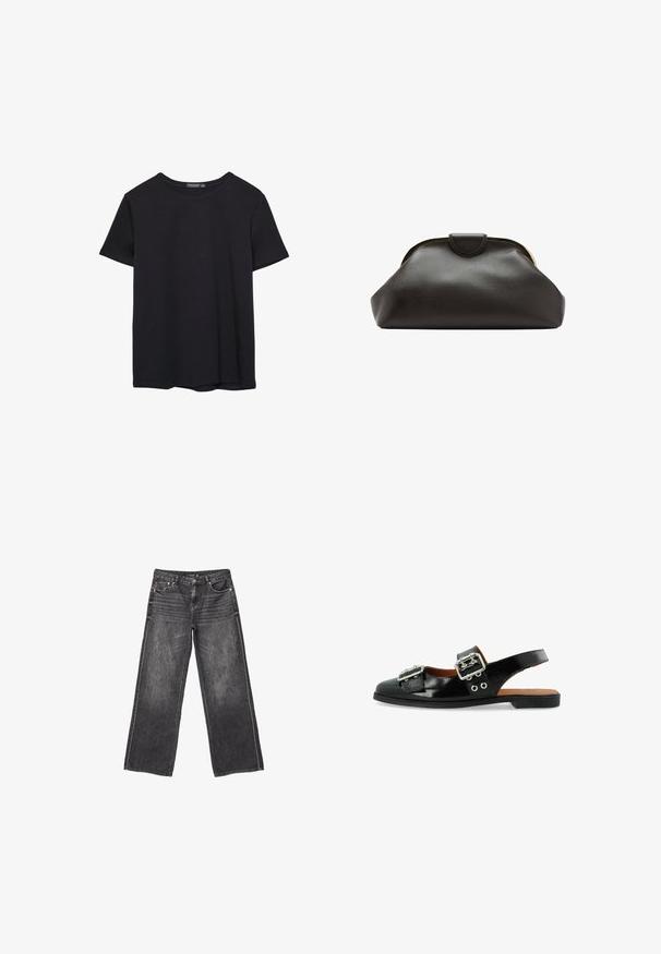 Simpel sort kortærmet bomulds T-shirt med rund hals, præsenteret på en hvid baggrund.; Mørkegrå denim jeans med vid ben, front- og baglommer, knaplukning og diskrete slidte detaljer.; Sorte patentlæder slingback sko med to sølvspænder, flad sål og dekorative øjer på siden for ekstra detaljer.; Blød sort læder clutch taske med en rundet ramme og en lille lukning i toppen midt på.
