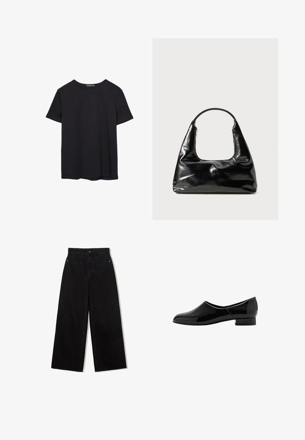 Einfaches schwarzes T-Shirt aus Baumwolle mit kurzen Ärmeln und Rundhalsausschnitt, auf einem weißen Hintergrund dargestellt.; Schwarze, weit geschnittene Jeans aus Denim mit hoher Taille, die ein Fünf-Taschen-Design und einen einzelnen Knopfverschluss vorne aufweist.; Schwarze Lackleder-Slipper mit abgerundeter Zehenpartie und niedrigem Blockabsatz. Glatte Oberfläche, minimalistisches Design, keine sichtbaren Verzierungen.; Schwarze Lacklederhandtasche mit einem halbkreisförmigen Griff, trapezförmiger Form, glatter Oberfläche und einem einzigen Reißverschlussdetail.