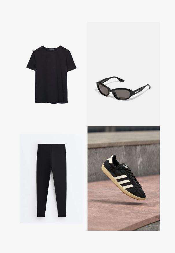 Einfaches schwarzes T-Shirt aus Baumwolle mit kurzen Ärmeln und Rundhalsausschnitt, auf einem weißen Hintergrund dargestellt.; Schwarze eng anliegende Leggings mit hohem Bund und glattem Stoff, flach auf einem weißen Hintergrund dargestellt.; Schwarzer Adidas-Sneaker mit weißen Streifen und beiger Sohle, in der Luft über einer steinernen Oberfläche und mit Steinwand im Hintergrund aufgenommen.; Schwarze Sonnenbrille mit rechteckigem Rahmen, dunklen Gläsern, glattem Kunststoffmaterial und einem metallischen Akzent am Bügel.