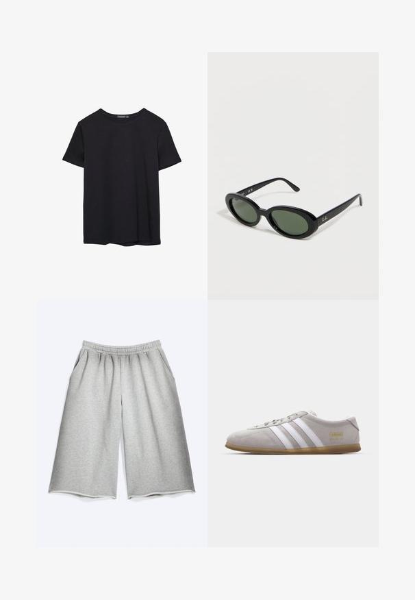 T-shirt en coton noir uni à manches courtes, col rond et ourlet droit, présenté sur fond blanc.; Shorts larges gris clair longueur genoux avec taille élastique et poches latérales sur fond blanc uni.; Baskets en daim gris avec des rayures en cuir blanc et un logo doré. Semelle en gomme plate, bout rond et design classique à lacets.; Lunettes de soleil Ray-Ban ovales noires avec verres teintés verts et branches fines, posées en angle sur une surface blanche.