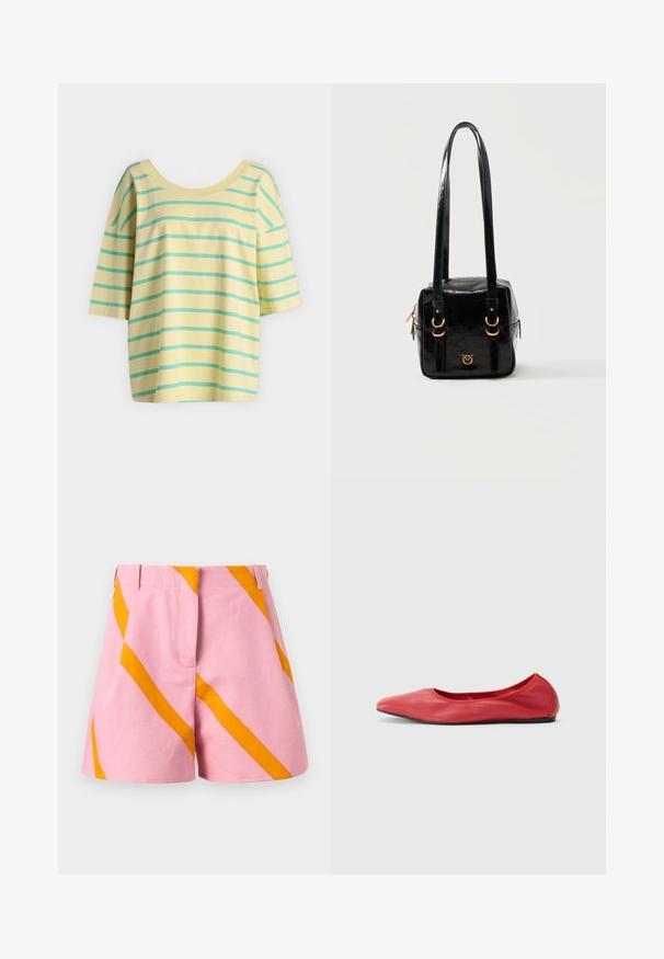 Haut jaune à manches courtes avec des rayures horizontales turquoise et un large col rond sur un fond gris clair.; Shorts roses avec de larges rayures diagonales orange, dotés de passants pour ceinture et d'une fermeture éclair à l'avant.; Filippa K REY FLATS - Ballerines - bright red; Sac carré en cuir noir brillant avec longues bandoulières, anneaux en métal doré, fermeture éclair et petit logo doré à l'avant.