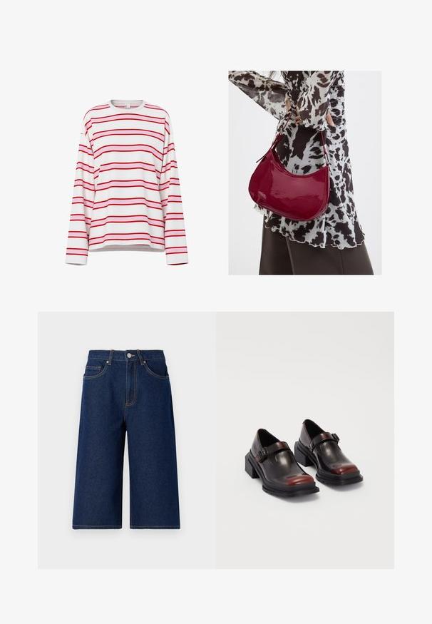 Langärmliges weißes Hemd mit horizontalen roten und hellrosa Streifen, Rundhalsausschnitt und entspannter Passform.; Dunkelblaue Denim-Shorts mit lockerer Passform, Geschlossen mit Knopf, vordere Taschen und gerades Bein-Design. Genähte Akzente in kontrastierender Farbe.; Leder-Blockabsatzschuhe mit glänzender dunkelburgunderfarbener Oberfläche, ausgestattet mit einem Schnallenriemen und einem runden Zehendesign. Texturierte Außensohle für besseren Grip.; Frau trägt eine schwarz-weiß gemusterte Bluse und hält eine glänzende rote Schultertasche vor einem einfarbigen Hintergrund.