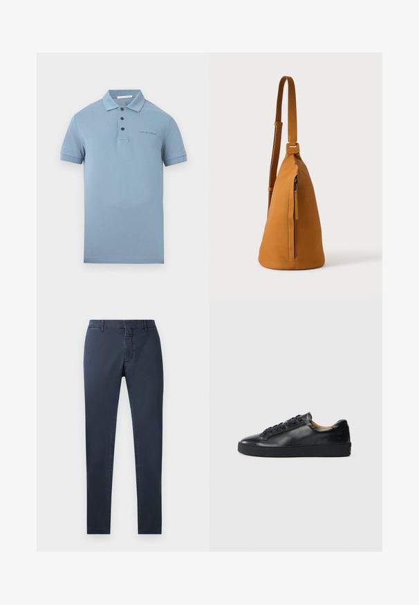 Lyseblå kortærmet poloshirt med tre knapper og "Tiger of Sweden"-logo broderet på venstre bryst.; Mørkeblå bukser med slim fit, lavet af en blanding af bomuldsstof. Har standard talje, frontlynlås og sidelommer.; Sorte lædersneakers med en glat overflade, rund tå og snørebåndslukning. Har en tyk gummisål og minimal branddetalje.; Tan læder crossbodytaske med justerbar rem og lodret lynlåslomme, vist fra siden mod en ensfarvet lys baggrund.