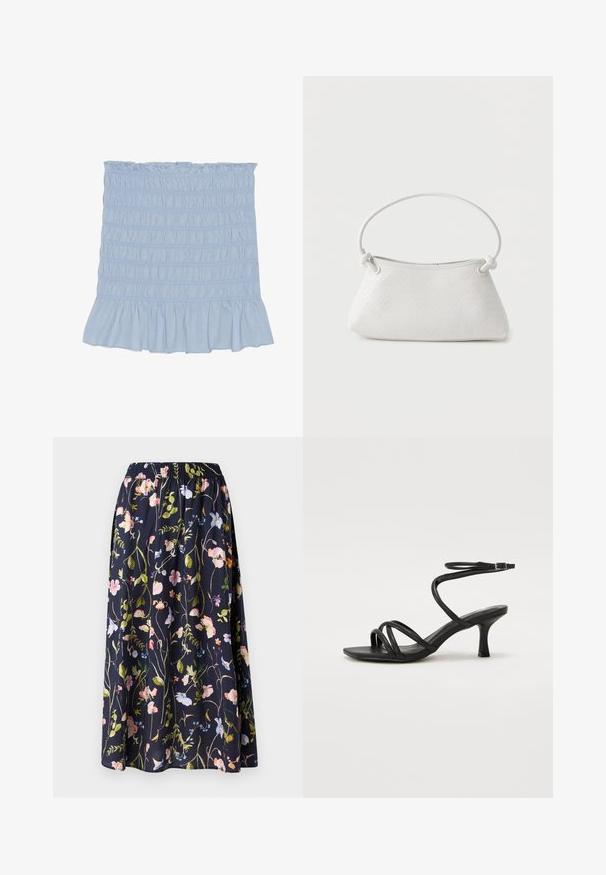 Lichtblauwe smockrok met een gerimpelde zoom, voorzien van textuurnaden en gemaakt van een zachte katoenen mix.; Navy bloemenrok met een elastische tailleband, voorzien van een print van roze, blauwe en groene bloemen op een gestructureerde stof.; Even&Odd Wide Fit by Zalando Sandalen - black; Witte handtas van gevlochten leer met een afgeronde handgreep en uiteinden van de band die geknoopt zijn, afgebeeld tegen een effen achtergrond.