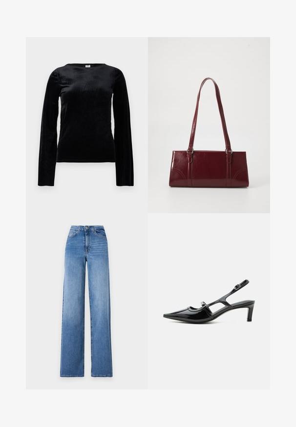 Schwarzes Langarmshirt aus weichem, glattem Stoff mit Rundhalsausschnitt und figurbetonter Silhouette. Keine sichtbaren Verschlüsse oder Muster.; Helleblaue, weit geschnittene Jeans aus Denim mit hoher Taille, Vorderaschen und einem normalen Knopfverschluss. Glatte Textur.; Schwarzer Slingback-Schuh aus Lackleder mit spitzer Kappe, niedrigem Absatz und zwei verstellbaren Schnallenriemen, seitlich dargestellt.; Burgunderfarbene Handtasche aus glänzendem Material, rechteckige Form, mit zwei Schulterriemen und subtilen, geschwungenen Akzenten an der Vorderseite.
