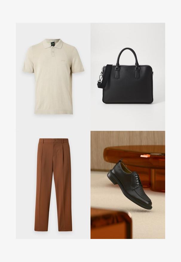 Beige kortærmet poloshirt med to knapper, teksturerede sidelpaneler og diskret præget BOSS-logo på venstre bryst.; Brune bukser med en glat, mat tekstur, der har en folder foran og lige ben. Lavet af letvægts, åndbart stof.; Sort lædersko med snørebånd og tekstureret front, svævende over beige tæppe i et moderne rum med møbler i ravfarvet toning.; Sort lædertaske med struktureret overflade, doble håndtag og en aftagelig skulderrem. Har sølvfarvede lynlåse og minimalistiske designelementer.