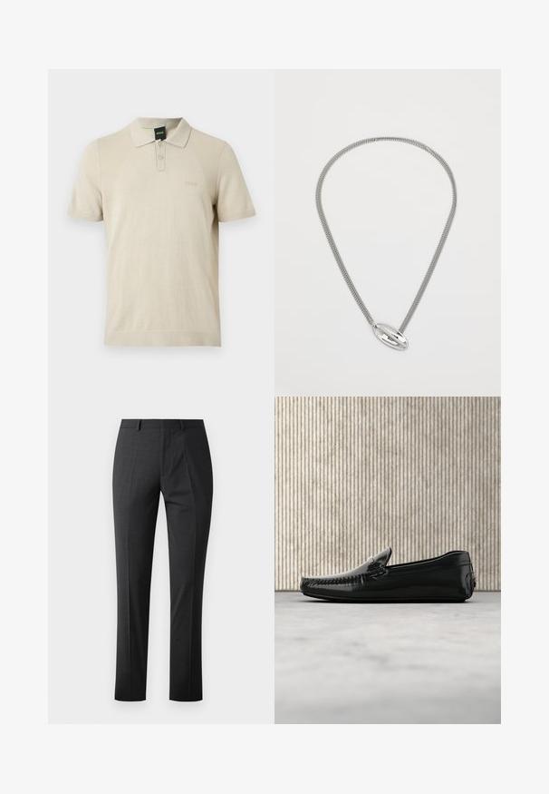 Beige kortærmet poloshirt med to knapper, teksturerede sidelpaneler og diskret præget BOSS-logo på venstre bryst.; Skræddersyede mørkegrå bukser med en glat tekstur, slim fit, flad front og standard talje. Har pressede folder og ingen synlige mønstre.; Sorte læder loafers med en blank overflade, rund tå og dekorativt hardware foran. Lavprofil gummisål. Glat tekstur.; Sølv halskæde med en struktureret kæde og en glat, oval vedhæng med en udskæring i midten.
