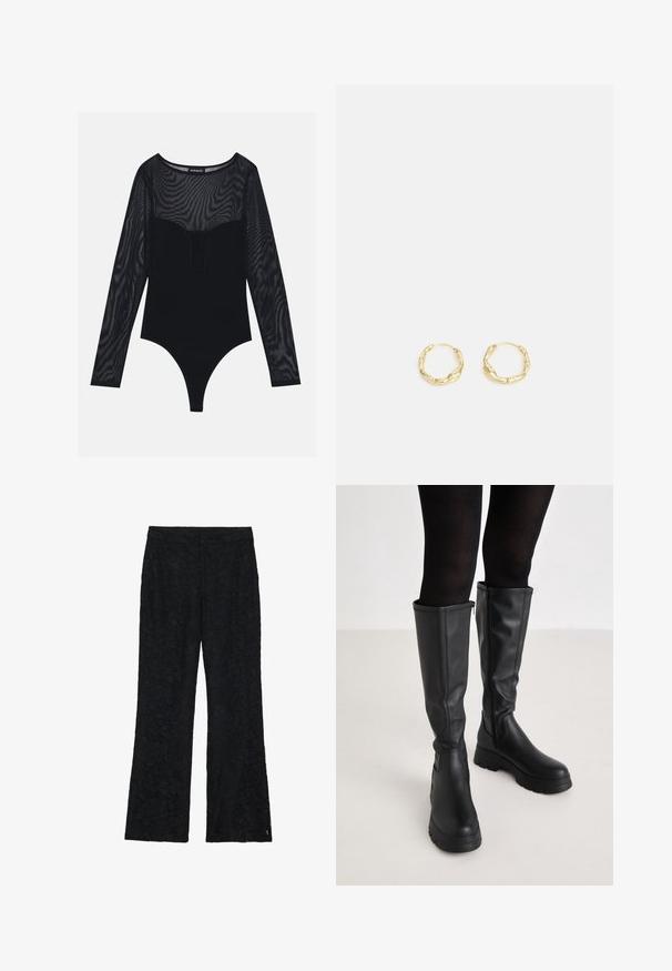 Sorte bodysuit med lange gennemsigtige mesh ærmer, rund halsudskæring og en glat overdel med en udskæring foran.; Sorte blonderbukser med en flagrende design, der har et blomster mønster gennem stoffet. Glat tekstur med en tætsiddende talje.; Even&Odd Plateaustøvler - black; Guld hoops øreringe med en tekstureret, ujævn overflade. Har et let design og cirkulær form, egnet til hverdagsbrug.