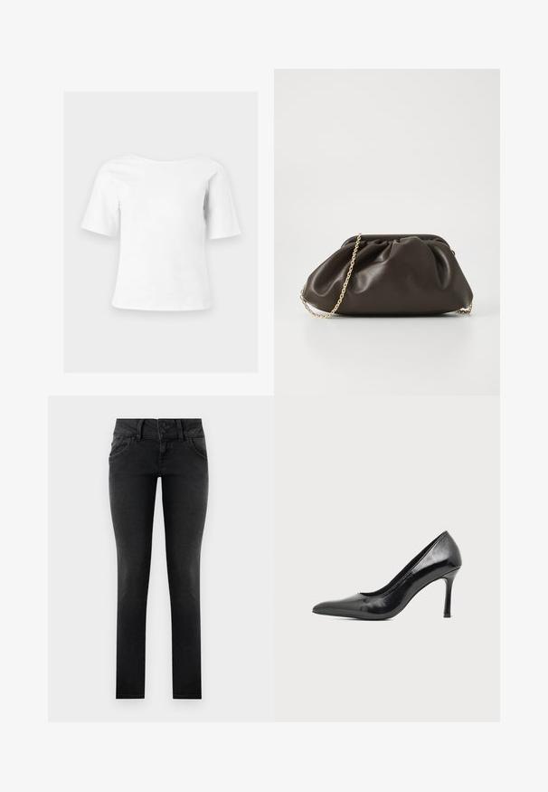 Witte top met korte mouwen, een brede ronde halslijn en een losse, vierkante pasvorm, weergegeven op een effen lichtgrijze achtergrond.; Zwarte denim skinny jeans met een dubbele knoop in de tailleband, voorzakken en een gladde, gestructureerde afwerking. Standaard pasvorm, volledig lengte ontwerp.; Zwarte lakleren damesschoen met hoge hak, puntige neus en smalle hak op een effen lichte achtergrond.; Bruine leren handtas met een geaccentueerd ontwerp, gouden kettinghengsel en een zachte, textuurafwerking. Compacte vorm geschikt voor avondgebruik.