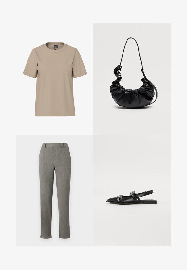 Beige bomulds T-shirt med rund hals, korte ærmer og en afslappet pasform. Har minimal syning og ingen synlige mønstre eller accenter.; Grå skræddersyede slim-fit bukser med bæltestropper og opsmøgede kanter, velegnet til formelt eller kontorbrug.; Even&Odd Slingback-ballerinasko - black; Sort skindtaske med rynkede detaljer, justerbar skulderrem og stort sort hårspænde fastgjort til remmen på ensfarvet baggrund.
