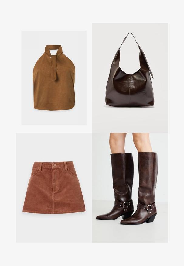 Bruine suède haltertop met een gestrikte halsdetail en een mouwloos ontwerp, getoond op een effen lichte achtergrond.; Bruine corduroy mini-jurk met verticale geribde textuur, voorzakken, een knoopsluiting en een rechte snit.; RAID NEVIS - Cowboy-/Bikerlaarzen - brown; Donkerbruine glanzende leren schoudertas met een enkele brede riem en gespsdetail aan één kant, tegen een effen lichte achtergrond.