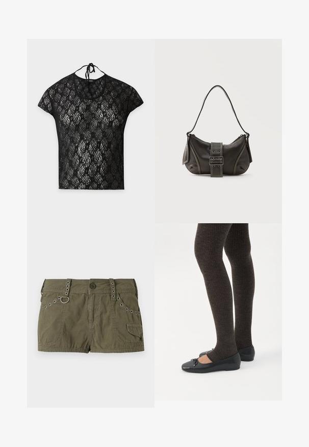 Top negro de encaje con manga corta, estampado floral y cierre de lazo halter en un fondo liso y claro.; Pantalones cortos de color verde oliva fabricados con una tela ligera, con una cinturilla con acentos metálicos y bolsillos laterales. Superficie texturizada con detalles de costura.; Piernas con leggings oscuros acanalados combinados con bailarinas negras que presentan pequeños detalles de lazo sobre un fondo blanco.; Bolso de hombro de cuero negro con detalle de correa con hebilla, bordes curvos y costuras blancas en contraste sobre un fondo liso.