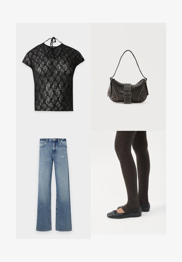 Zwarte kanten top met korte mouwen, bloempatroon en halterneck sluiting op een effen lichte achtergrond.; Lichtblauwe denim jeans met een hoge taille, wijde pijpen, lichte slijtage en een traditionele vijf-pocketstructuur.; Benen met donkere geribbelde leggings gecombineerd met zwarte ballerina's met kleine strikdetails op een witte achtergrond.; Zwarte leren schoudertas met gespsluiting aan de riem, afgeronde hoeken en contrasterende witte stiksels op een effen achtergrond.