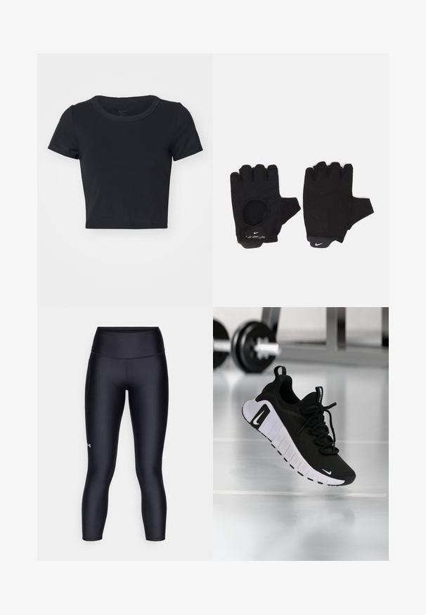 Zwart cropped T-shirt gemaakt van zachte, rekbare stof. Beschikt over een ronde halslijn en korte mouwen met een eenvoudig ontwerp.; Zwarte leggings van glad, rekbaar materiaal. Hoog ingezette taille met een nauwsluitende pasvorm en een klein logo op het linkerpedaal.; Zwarte sportschoen met een textuurstof bovenwerk, witte zool en een opvallend vetersysteem. Voorzien van een Nike-logo en een zacht, gedempt ontwerp.; Zwarte vingerloze handschoenen met een gestructureerd ontwerp. Gemaakt van een ademend materiaal, met een duimopening en versterkte palm voor grip.