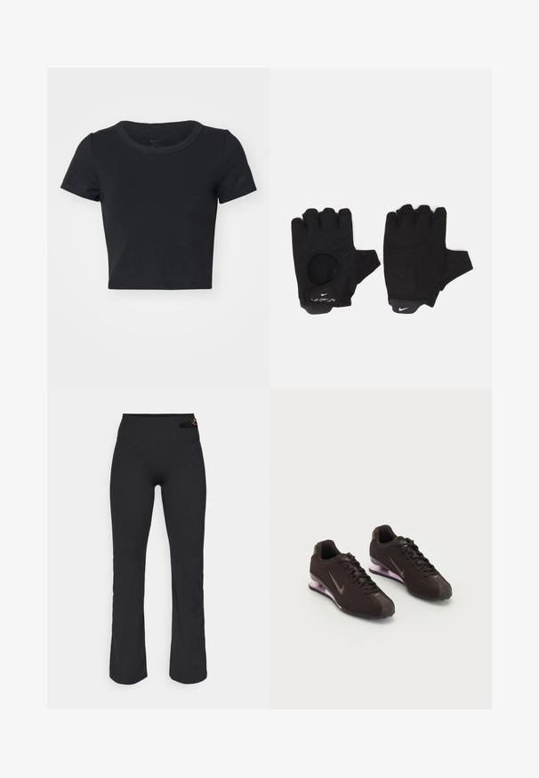 T-shirt noir court en tissu doux et extensible. Dispose d'un col rond et de manches courtes avec un design simple.; Pantalon de yoga noir à taille haute, texture lisse, design à jambe évasée et petit accent à motif léopard sur la ceinture.; Baskets de sport noires avec une tige texturée, des accents marron et une semelle à coussin d'air violette. Design à lacets avec une marque bien visible.; Gants sans doigts noirs avec un design texturé. Fabriqués en matériau respirant, dotés d'un trou pour le pouce et d'une paume renforcée pour une meilleure prise.