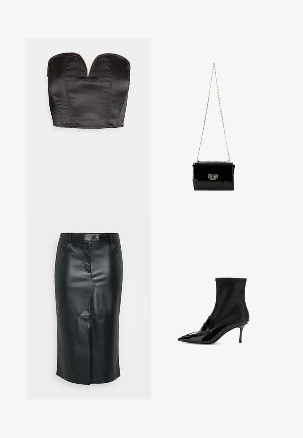 Vero Moda VMSALLY CROPPED SIMILI CORSAGE - Top - black; Sort læder blyantskirt med en mellemlang længde, frontslids, knaplukning og subtile stikninger. Glat, elegant tekstur.; Sorte ankelstøvler lavet af glat læder med en slank, spids tå, blanke lakdetaljer, en slank stilettohæl og en strækbar overdel.; Sort patentlæder håndtaske med en guldkæde-strop, rektangulær form, med en frontklaplukning og et metallisk logo-accent.