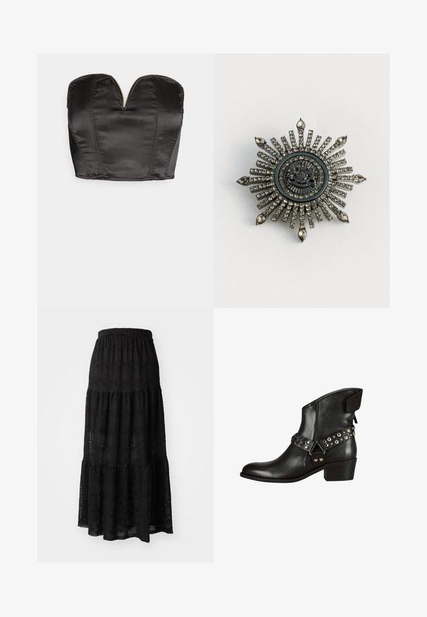 Vero Moda VMSALLY CROPPED SIMILI CORSAGE - Débardeur - black; Jupe maxi noire en tissu texturé, avec un design à volants, une taille froncée et de subtils motifs ondulés sur l'ensemble.; Bottines en cuir noir avec un bout pointu, rehaussées d'études métalliques et d'une sangle décorative. Talon bas et texture lisse.; Broche en forme d'étoile en métal argenté avec des strass clairs. Le design central présente un emblème circulaire avec des détails délicats.