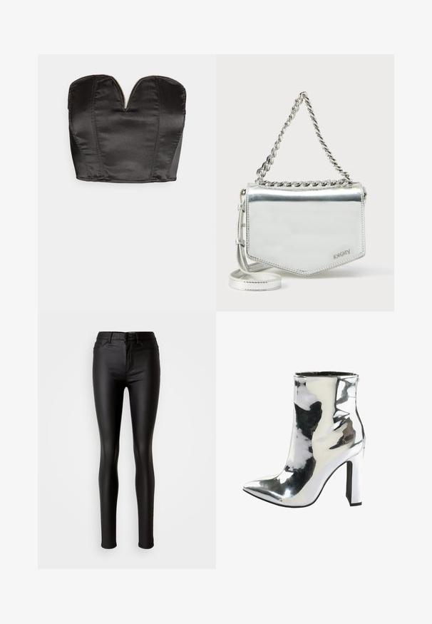 Vero Moda VMSALLY CROPPED SIMILI CORSAGE - Topp - black; Musta kunstnahast kitsad teksad, millel on sile tekstuur, kõrge vöökoht, nööbiga sulgemine ja traditsiooniline viie tasku disain.; Hõbedane patendiga nahast üliõhukene saapad terava varbaga, jäme kõrge konts ja külgvooder, millel on sile ja läikiv tekstuur.; Hõbedane metallikust õlakott kettidega, geomeetrilise kujuga, sileda tekstuuriga ja logoga detailidega. Omab tõmblukuga sulgemist ja dekoratiivõmblusi.