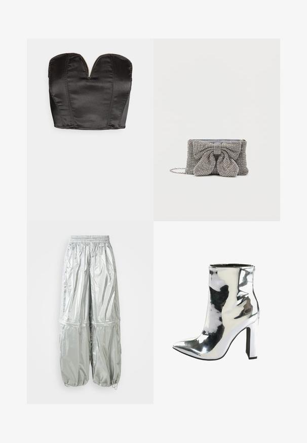Vero Moda VMSALLY CROPPED SIMILI CORSAGE - Topp - black; Hõbedased kerged cargo püksid läikiva tekstuuriga, elastse vöökoha, kokku tõmmatud varrukate ja kahe suure ees oleva taskuga.; Hõbedane patendiga nahast üliõhukene saapad terava varbaga, jäme kõrge konts ja külgvooder, millel on sile ja läikiv tekstuur.; Sädelev hall käekott tekstuurse pinnaga, millel on ees suur lipsu aksent ja ahelast rihm. Kompaktne ristkülikukujuline kuju.