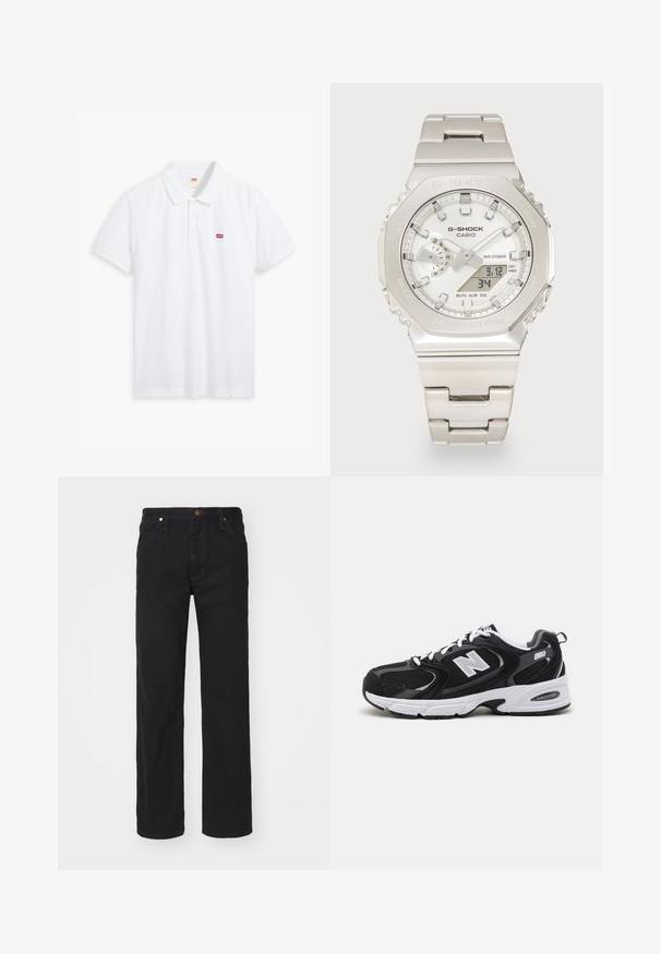 Biele polo tričko vyrobené z bavlny. Obsahuje trojité zapínanie na gombíky, krátke rukávy a malé červené logo Levi's na ľavej hrudi.; Čierne džínsy s rovnými nohavicami, prednými vreckami, pútkami na opasok a zapínaním na gombík na jednofarebnom pozadí.; Čierne a šedé športové topánky s hornou časťou z mikrovlákna a zamatu, s bielou medzipodrážkou, šnúrkami a výrazným logom "N" na boku.; Strieborné hodinky Casio G-Shock s okrúhlym ciferníkom, digitálnym a analógovým zobrazením, kovovým remienkom, textúrovaným puzdrom a funkciami ako WR 20BAR, alarm a svetlo.