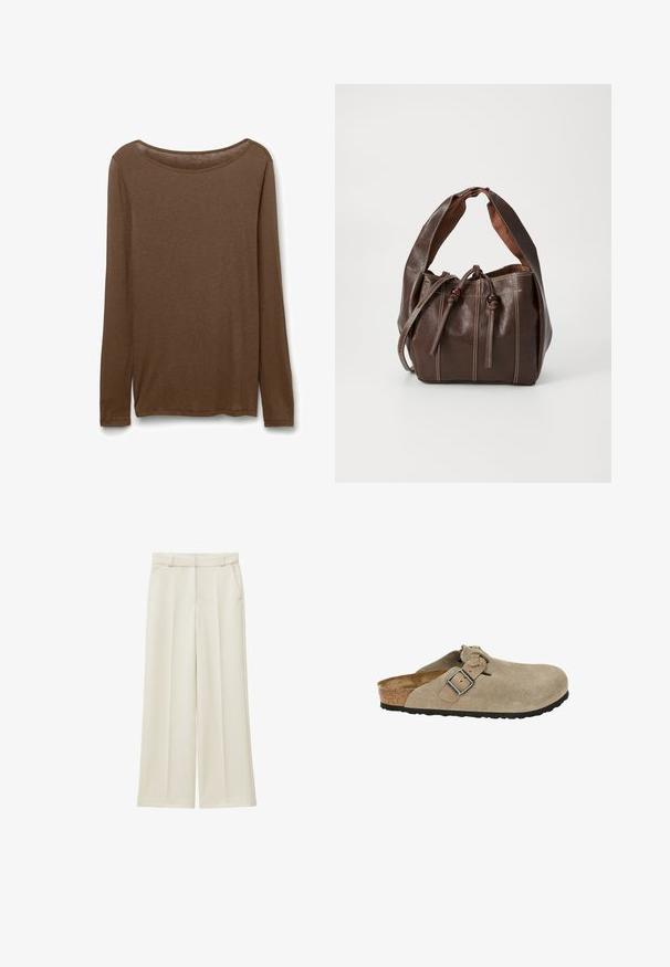 Camisa marrón de manga larga hecha de tejido suave, con un escote redondeado y corte recto, con aberturas laterales en el dobladillo para mayor comodidad.; Pantalones de pierna ancha en una tela beige clara con un patrón texturizado, que cuentan con dos bolsillos laterales y una cintura con cinturón.; Zuecos de ante beige con punta redondeada, correa ajustable y hebilla, media suela de corcho y suela de goma negra texturizada para mayor tracción.; Bolso de cuero marrón con una textura suave, forma redondeada y un compartimento principal asegurado por cordones. Presenta costuras en contraste y un asa flexible.
