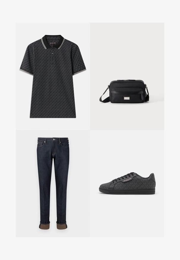 Sort polo T-shirt med et gentaget "MK" mønster, korte ærmer, tre knapper ved kraven og kontrasterende stribet kant ved kraven.; Mørkeblå denimjeans med et lige ben design, der har en opsmøget kant og en mærket tan stofaccent på manchetterne.; Sorte sneakers med en tekstureret stofoverdel med et subtilt MK-mønster, sorte læderdetaljer og en sort gummisål.; Sort rektangulær crossbody-taske med front lynlåslomme, justerbar rem og sølv rektangulært logo mærke på ensfarvet baggrund.