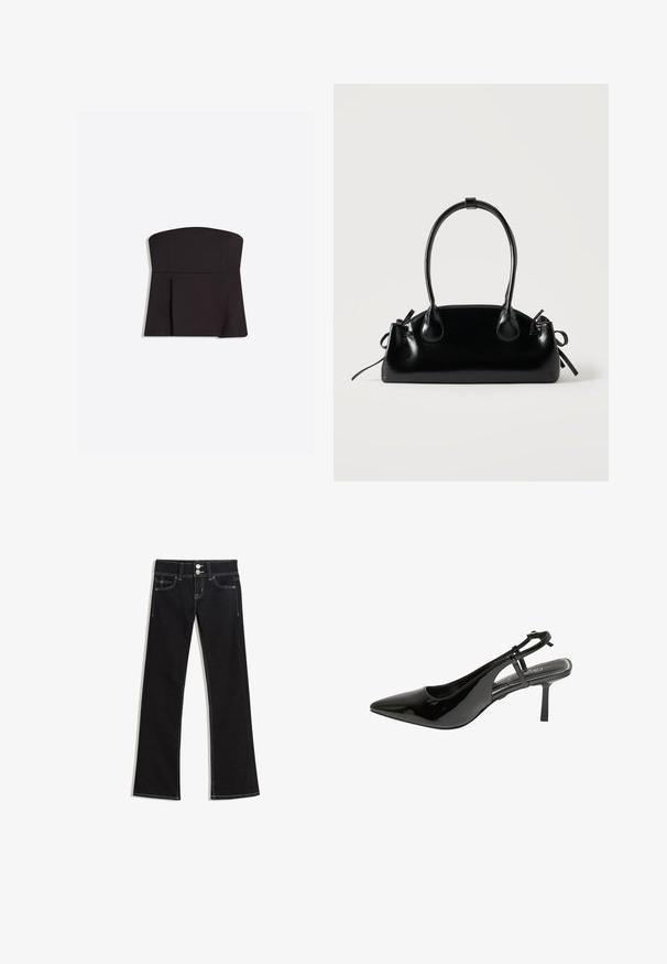 Zwarte strapless peplum top met een nauwsluitend lijfje en uitlopende taille, getoond tegen een effen lichte achtergrond.; Zwarte denim jeans met een hoge taille, dubbele zilveren knopen, voor- en achterzakken, en witte contrasterende stiksels.; Zwarte gepatineerde leren slingback pump met een spitse neus, slanke hak en een enkelbandje. Beschikt over een uitsnijdontwerp aan de zijkant.; Kleine zwarte glanzende handtas met twee lange hengsels en zijkant trekkoord details op een effen lichte achtergrond.
