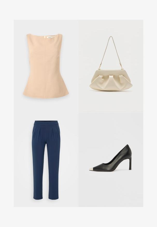 Mouwloze beige dames top met een boothals, een getailleerde taille en een licht uitlopende zoom tegen een lichtgrijze achtergrond.; Donkerblauwe hoge taillebroek met een elastische tailleband, rechte wijde pijpen en zijzakken, gepresenteerd tegen een effen achtergrond.; Zwarte leren hoge hak met een spits toelopende neus en een metalen zilverkleurige kap. Heeft een gladde afwerking en een slanke hak van 10 cm.; Crèmekleurige zachte clutchhandtas met geplooide plooien en een dunne schouderriem met gouden beslag.