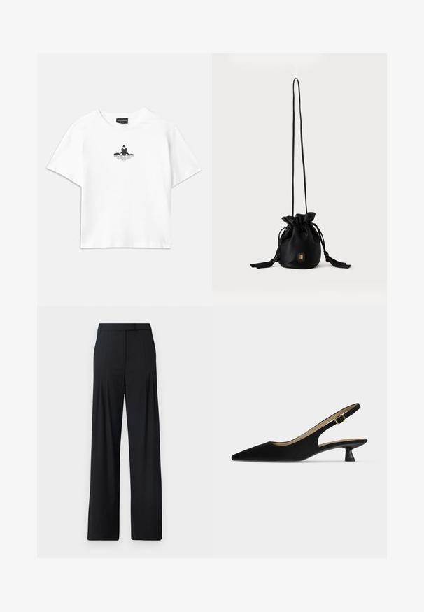 camiseta de algodón blanca de corte holgado, con una impresión gráfica negra en el centro que incluye texto y un diseño de silueta.; Pantalones de pierna ancha negros con frente plano, pliegues y cinturilla ajustada. Fabricados con una tela suave y ligera.; Zapato slingback negro con punta afilada, tacón bajo tipo kitten y tira con hebilla dorada, mostrado de perfil sobre un fondo claro y liso.; Bolso tipo bucket negro con cordón, con una correa larga y delgada y un pequeño logo cuadrado dorado en la parte delantera, mostrado sobre un fondo liso.