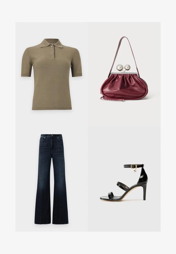 Polo en maille vert olive à manches courtes avec col et trois boutons sur un fond blanc uni.; Jean large taille haute bleu foncé avec poches avant, passants de ceinture et fermeture à bouton et à zip.; Sandale en cuir verni noir avec trois brides, boucle de cheville et talon aiguille de 10 cm. Présente un détail en métal doré et un charm logo.; Petit sac à main en cuir bordeaux avec des détails froncés, une fine bandoulière et une fermeture argentée comportant deux gros boutons ronds.
