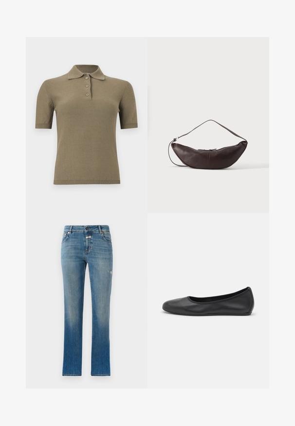 Kort mouws olijfgroen gebreid poloshirt met kraag en drie knopen op een effen witte achtergrond.; Lichtblauwe rechte spijkerbroek van denim. Beschikt over een middelhoge taille, voorzakken en een lichte slijtage op de stof.; Zwarte leren ballerina met een ronde neus, gladde textuur, minimale stikdetails en een flexibele zoolontwerp.; Donkerbruine leren schoudertas in halve maan vorm met een gebogen band en zichtbare stiksels op een effen achtergrond.