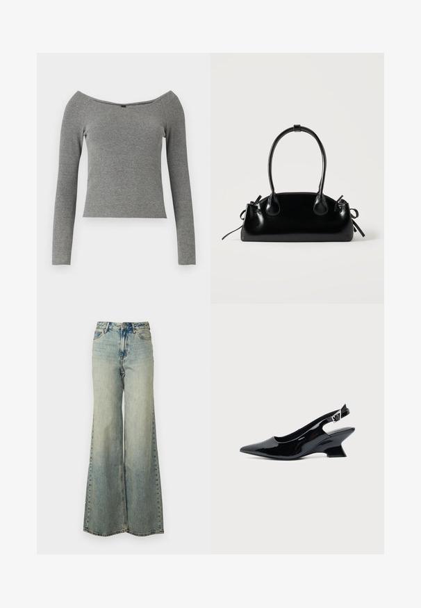 Sivý rebrovaný dlhý rukáv top s off-shoulder výstrihom, priliehavým strihom a hladkou štruktúrou. Bez viditeľných prvkov alebo vzorov.; Svetlomodré džíny s voľným strihom, vyrobené z denimu, s vysokým pásom, vyblednutým umytím a bočnými vreckami s viditeľným stehom.; Čierna lakovaná slingback topánka so špicatou špičkou a nízkym šikmým blokovým opätkom na jednoduchom svetlom pozadí.; Malá čierna lesklá kabelka s dvoma dlhými rúčkami a bočnými šnúrkovými detailmi na jednoduchom svetlom pozadí.