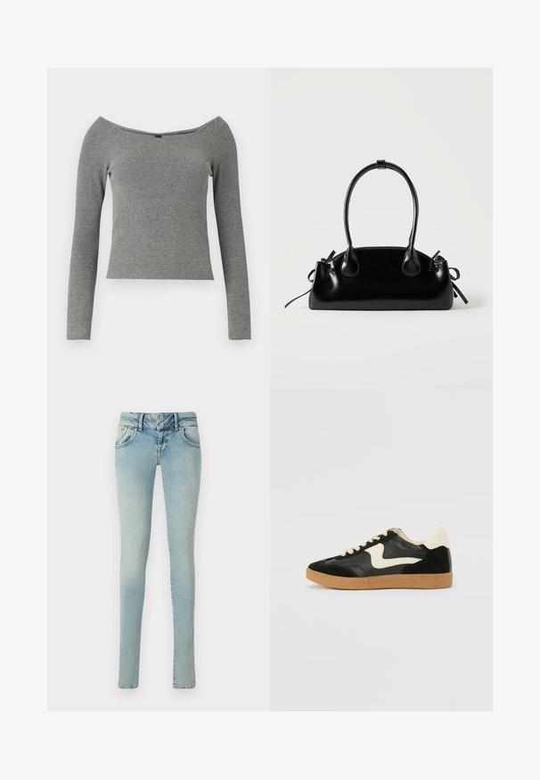 Sivý rebrovaný dlhý rukáv top s off-shoulder výstrihom, priliehavým strihom a hladkou štruktúrou. Bez viditeľných prvkov alebo vzorov.; Svetlomodré úzke džíny s klasickým piatym vreckom, s gombíkovým zapínaním a vyblednutou denimovou textúrou so slabou farebnou variabilitou.; Čierne semišové a kožené tenisky s krémovým bočným prešívaním a svetlo krémovou pätou. Obsahujú béžové šnúrky a podošvu z gumeného kaučuku.; Malá čierna lesklá kabelka s dvoma dlhými rúčkami a bočnými šnúrkovými detailmi na jednoduchom svetlom pozadí.