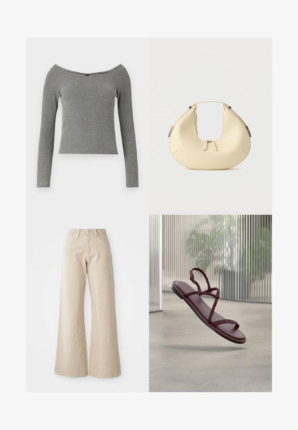 Top de manga larga gris con textura acanalada, escote a la espalda, diseño ajustado y superficie suave. Sin hardware visible ni patrones.; Jeans de mezclilla anchos en color beige, con una cintura alta, bolsillos frontales y un diseño liso sin patrones ni acentos.; Sandalia plana granate con tiras finas y hebilla, flotando sobre un suelo de hormigón en un espacio interior moderno con paneles translúcidos verticales.; Bolso beige en forma de media luna con cierre de doble cremallera y asa corta, con detalles de herrajes plateados en los lados.