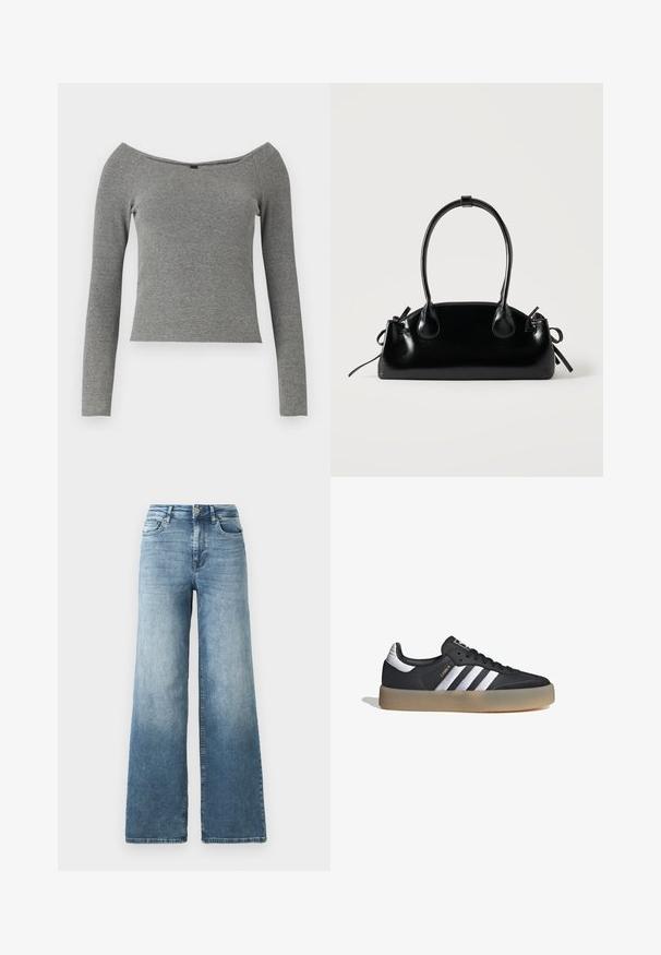 Top de manga larga gris con textura acanalada, escote a la espalda, diseño ajustado y superficie suave. Sin hardware visible ni patrones.; Jeans de denim de pierna ancha en lavado azul claro, con cintura alta, diseño de cinco bolsillos y un ligero desvanecimiento en la tela. Cierre clásico con botón de metal.; Zapatilla deportiva de cuero negro con tres rayas plateadas, punta texturizada y suela de goma. Cuenta con un collar acolchado y un diseño con cordones.; Pequeño bolso negro brillante con dos asas largas y detalles de cordón lateral sobre un fondo claro liso.